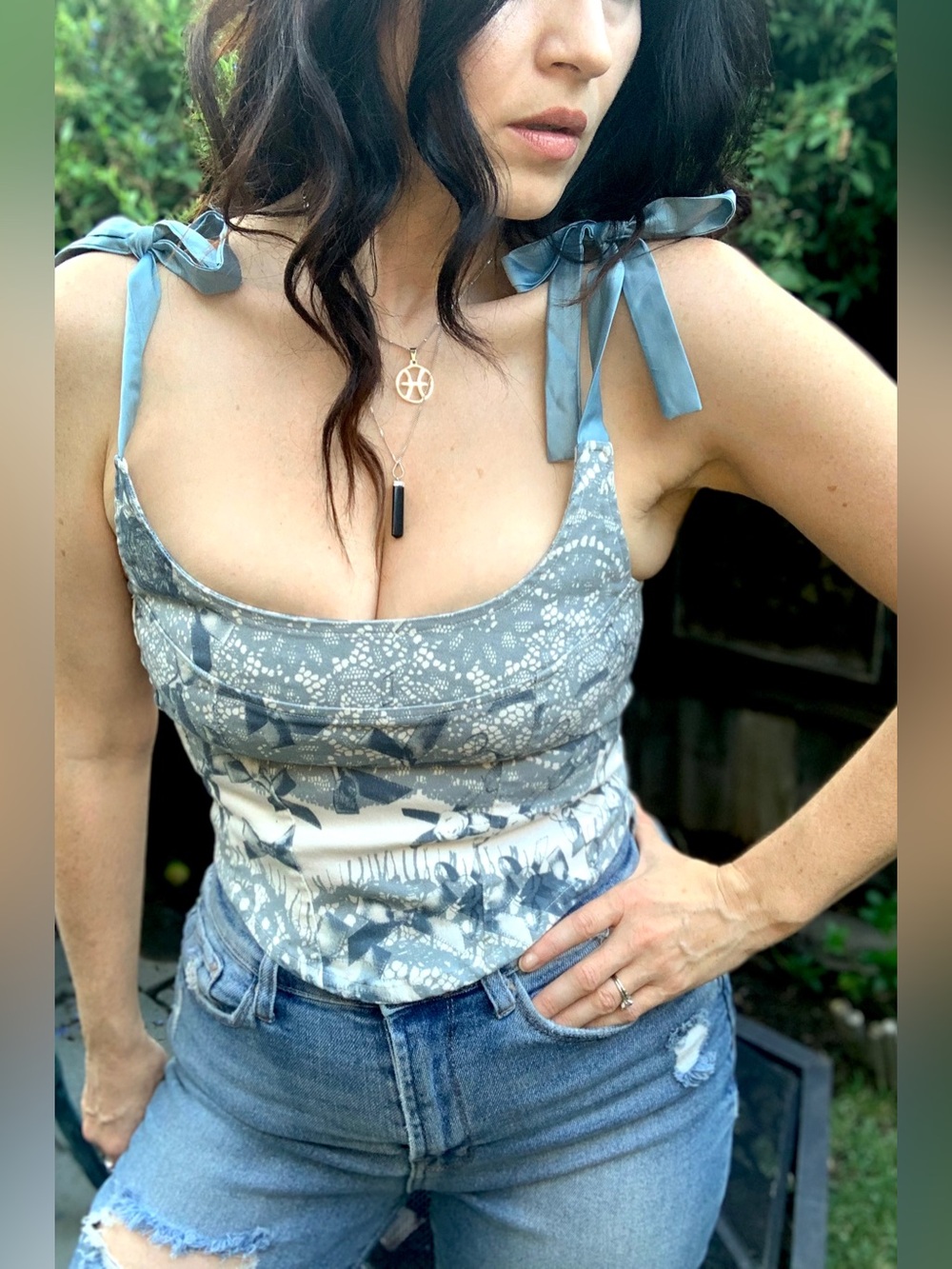 Motel Rocks Blue Floral Ribbon Tie Corset